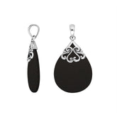 Sterling silver teardrop pendant with polished Black Shell – handcrafted Bali jewelry with elegant scrollwork, a bold and timeless gift
